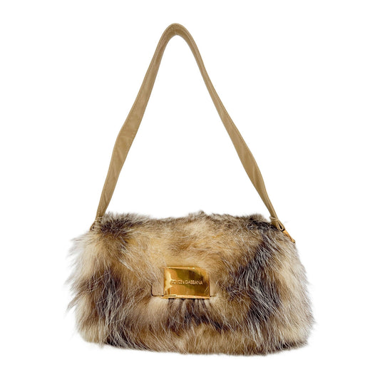 Beige Fur with Leather Strap Shoulder Bag