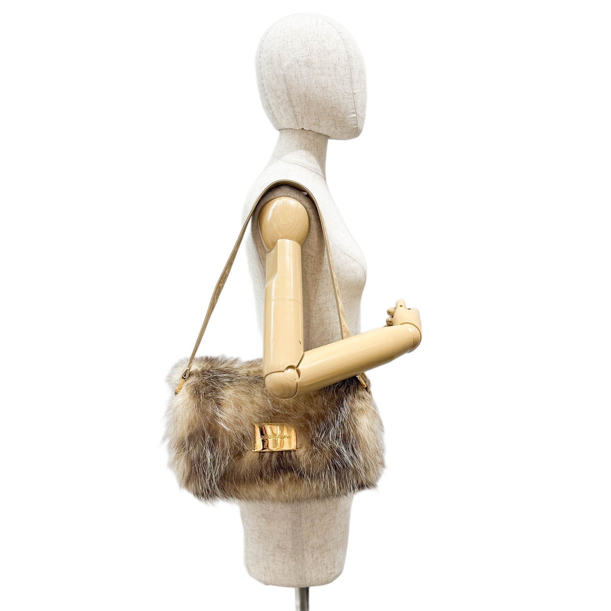 Beige Fur with Leather Strap Shoulder Bag