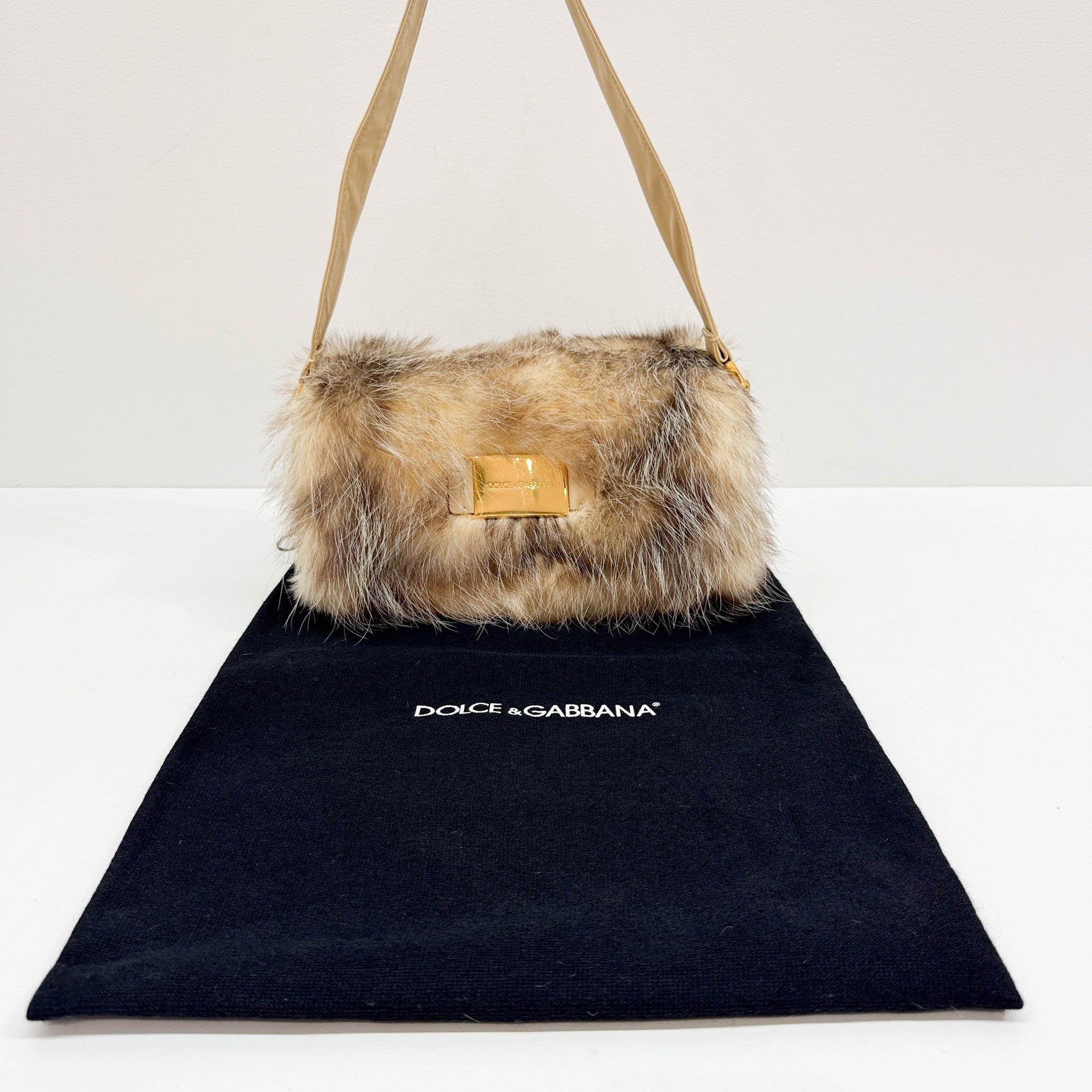 Beige Fur with Leather Strap Shoulder Bag
