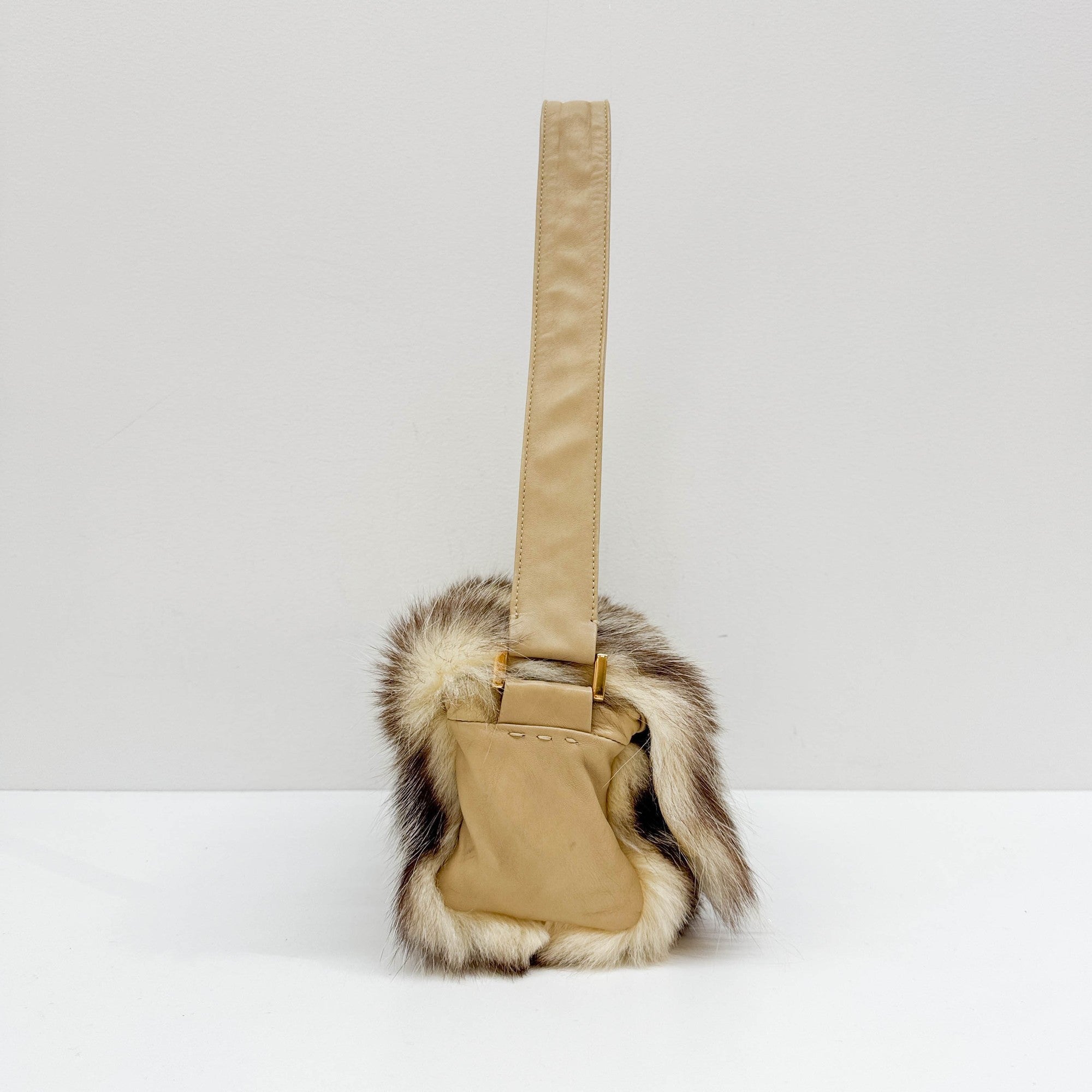 Beige Fur with Leather Strap Shoulder Bag