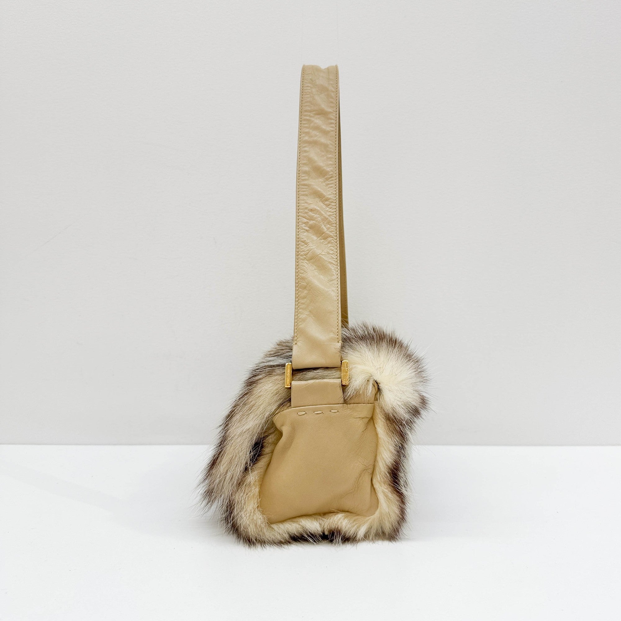 Beige Fur with Leather Strap Shoulder Bag