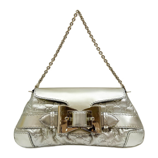 Queen Bow Metallic White Gold Guccissima Leather Shoulder Bag