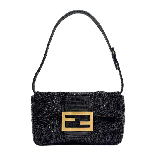 Mini Baguette Black Beaded Shoulder Bag