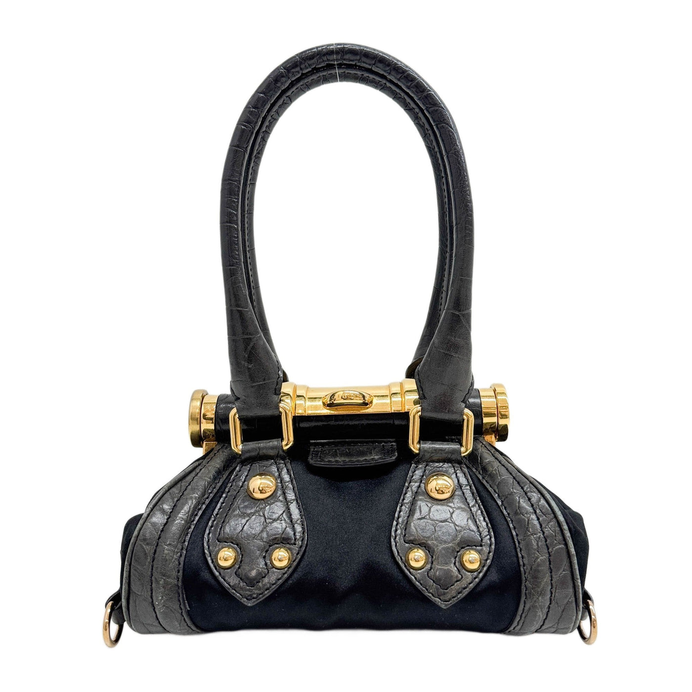 Flip Lock Black Crocodile Embossed Leather Trim & Satin Shoulder Bag