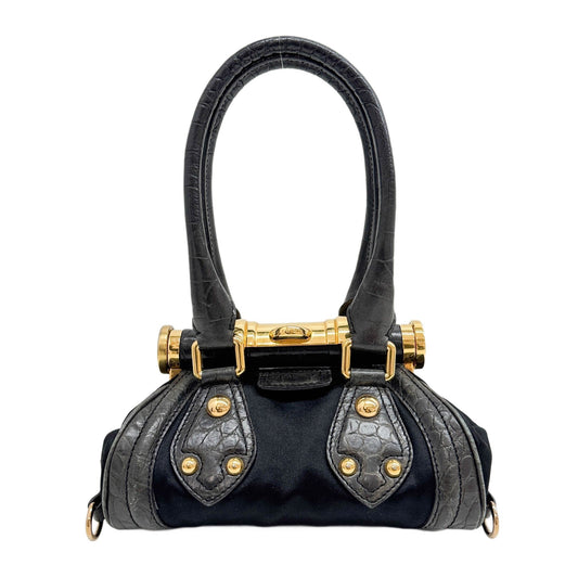 Flip Lock Black Crocodile Embossed Leather Trim & Satin Shoulder Bag