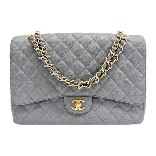 Maxi Classic Flap Matelasse Gray Leather Shoulder Bag