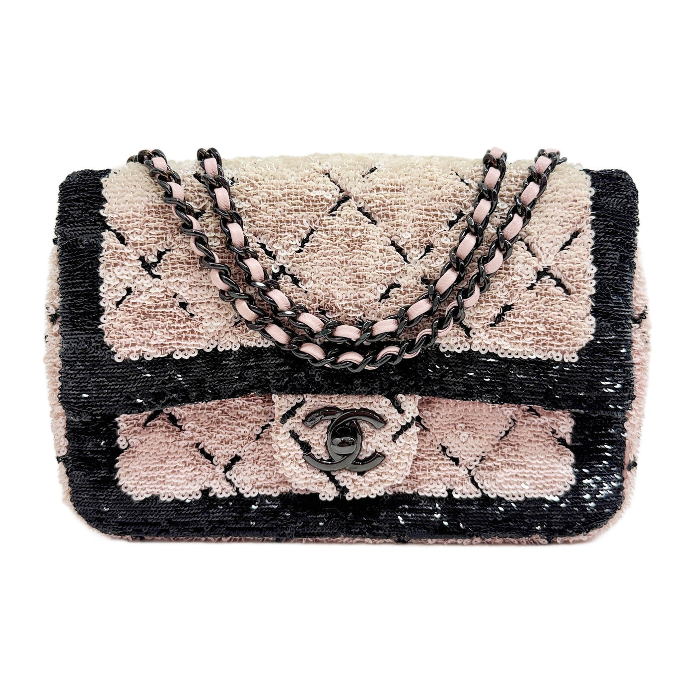 Mini Classic Flap 2021-2026 Black Trim Matelasse Pink Sequin Shoulder Bag