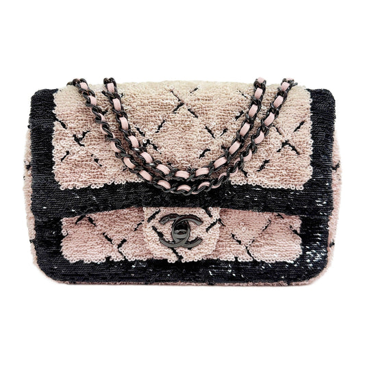 Mini Classic Flap 2021-2026 Black Trim Matelasse Pink Sequin Shoulder Bag