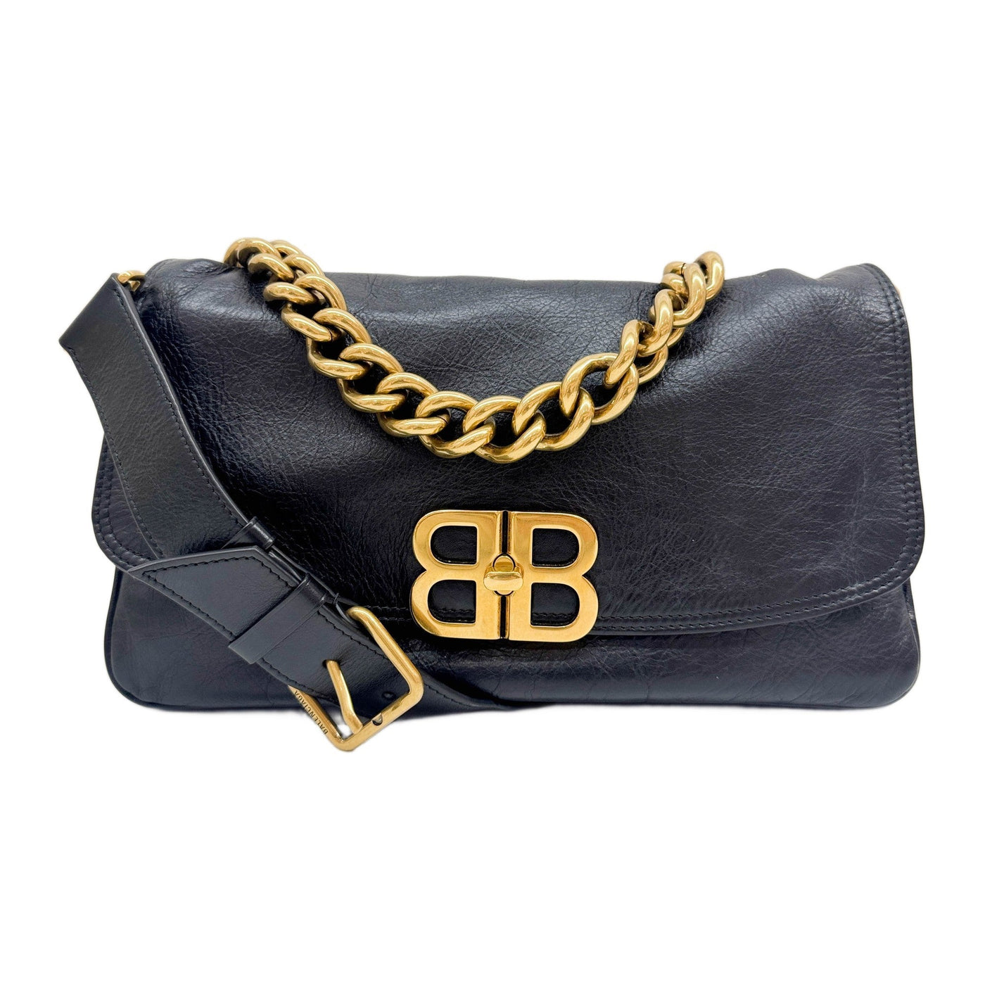 BB Soft Flap Gold Chain Strap Black Leather Shoulder Bag