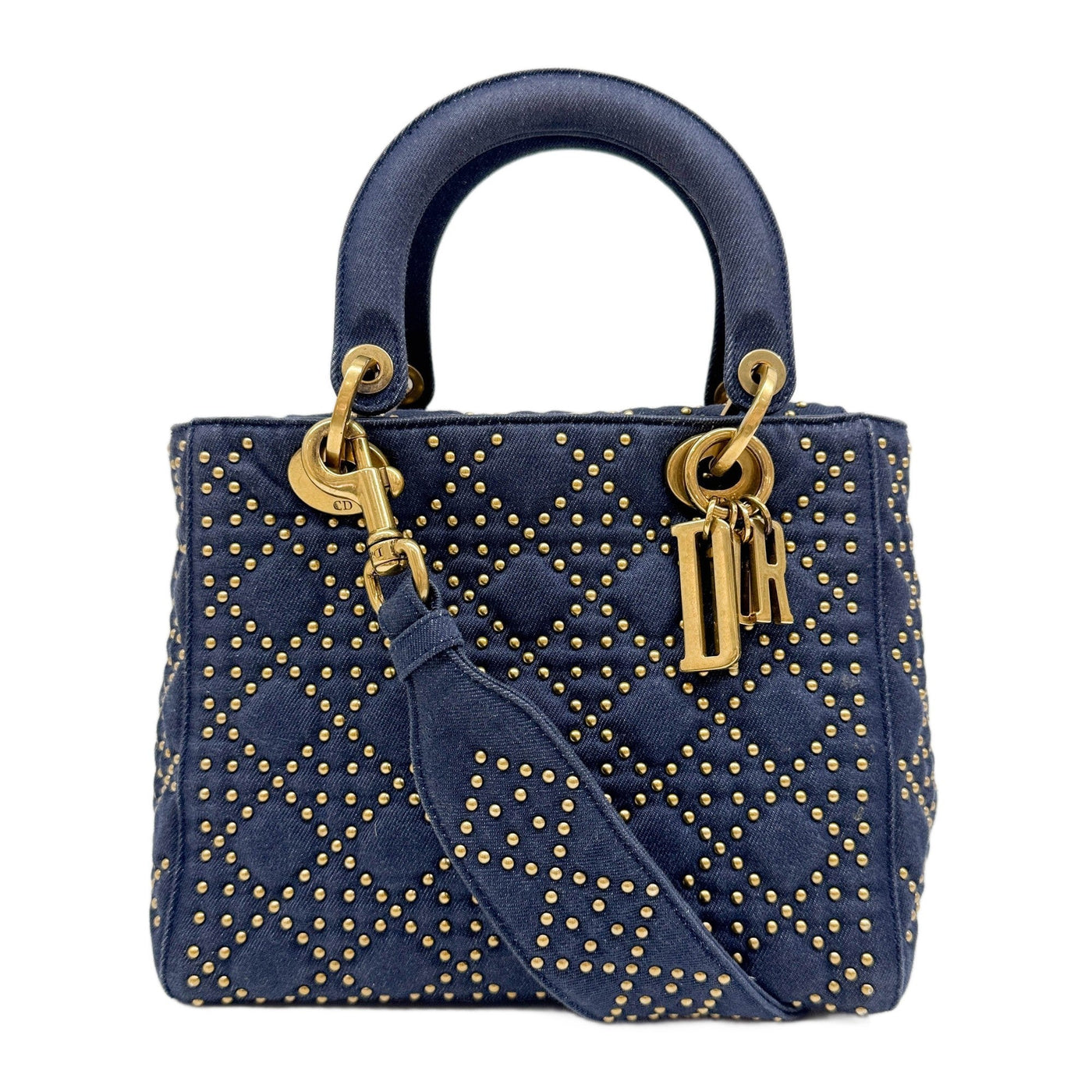 Medium Lady Dior Bag Blue Denim with Gold Studs Cannage Handle Bag