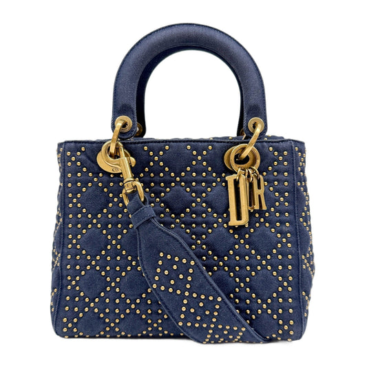 Medium Lady Dior Bag Blue Denim with Gold Studs Cannage Handle Bag