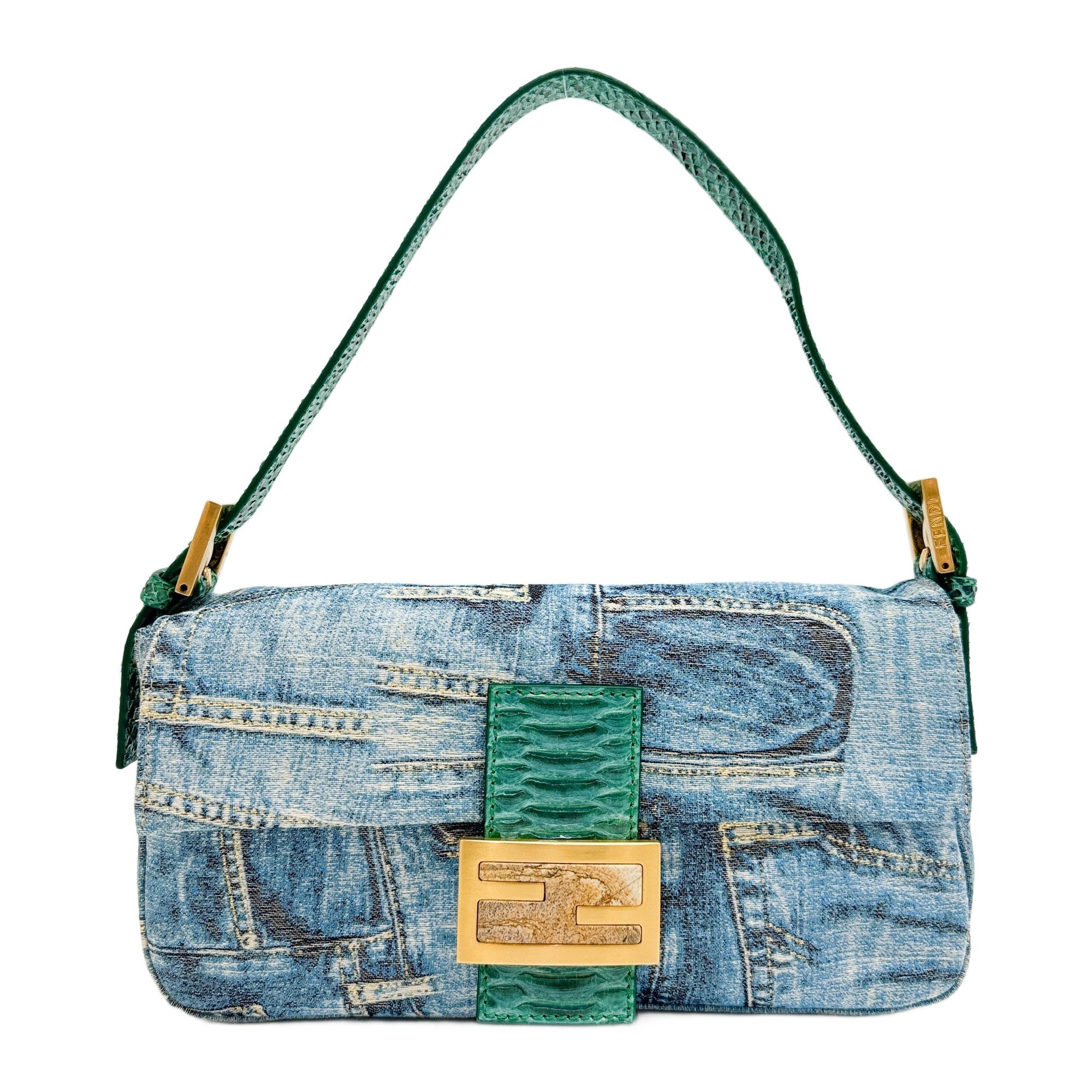 Baguette Denim Print Canvas with Python Shoulder Bag