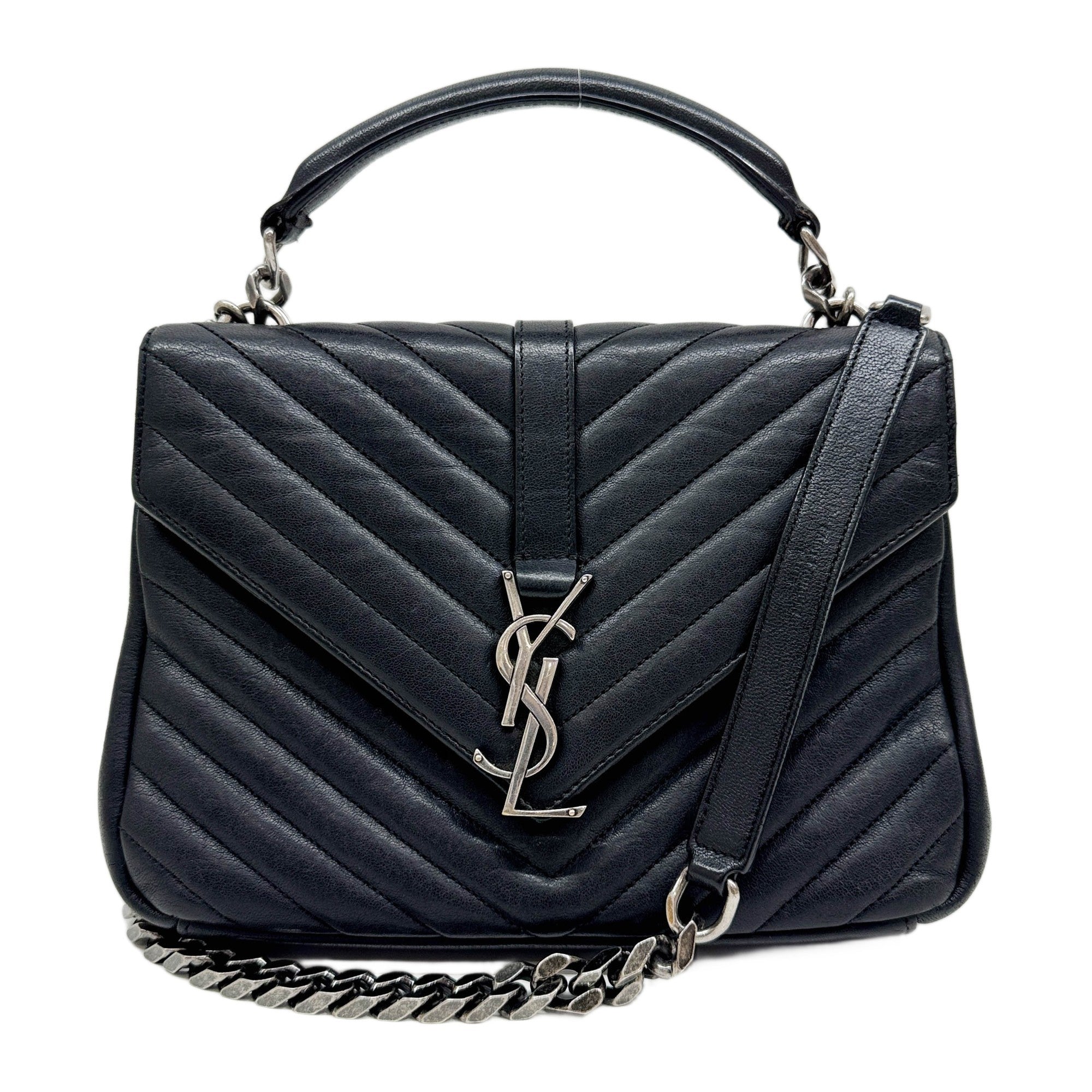 College Black Leather with Silver Chain Shoulder Bag