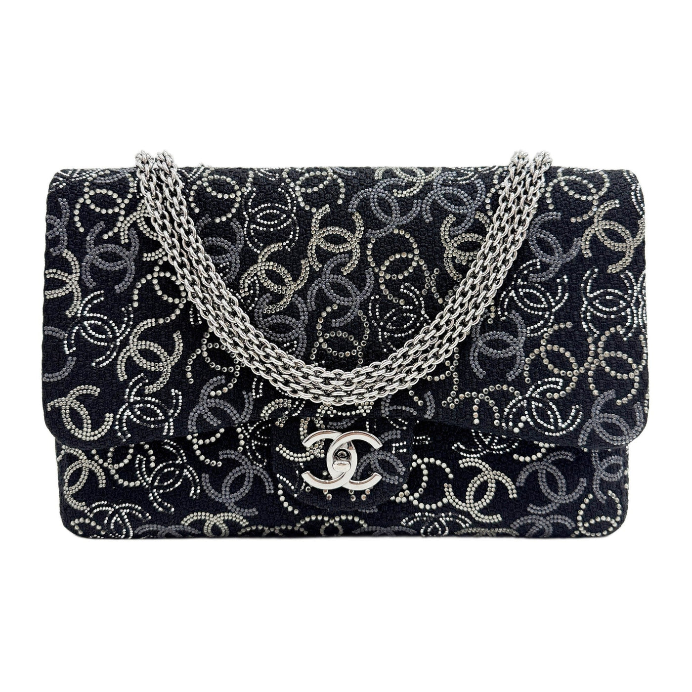 Classic Flap 2009-2010 Paris-Shanghai Pudong Studded CC Logo Black Tweed Shoulder Bag