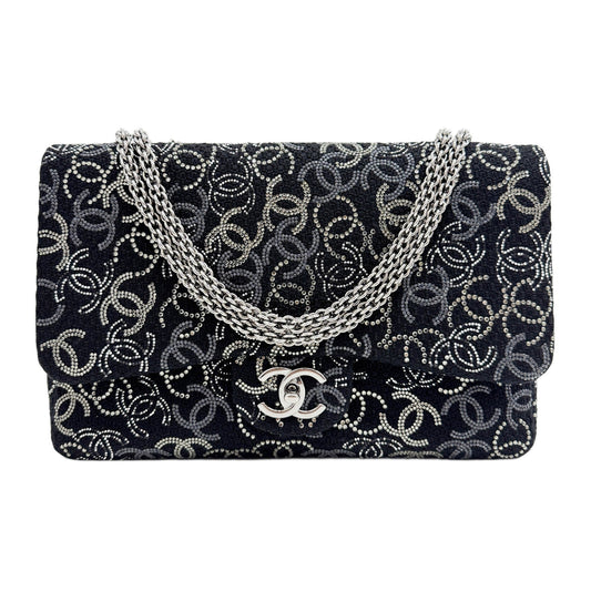 Classic Flap 2009-2010 Paris-Shanghai Pudong Studded CC Logo Black Tweed Shoulder Bag