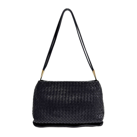 Intrecciato Black Leather Shoulder Bag