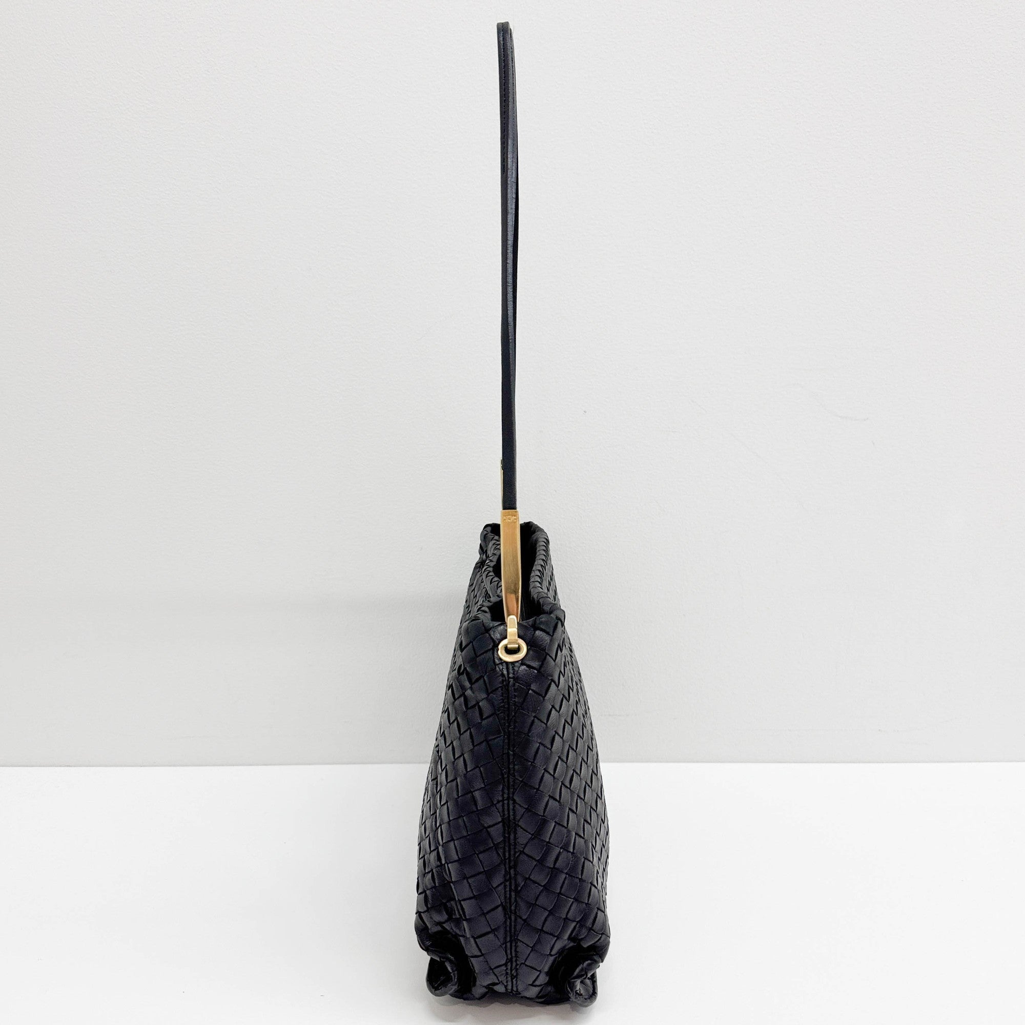 Intrecciato Black Leather Shoulder Bag