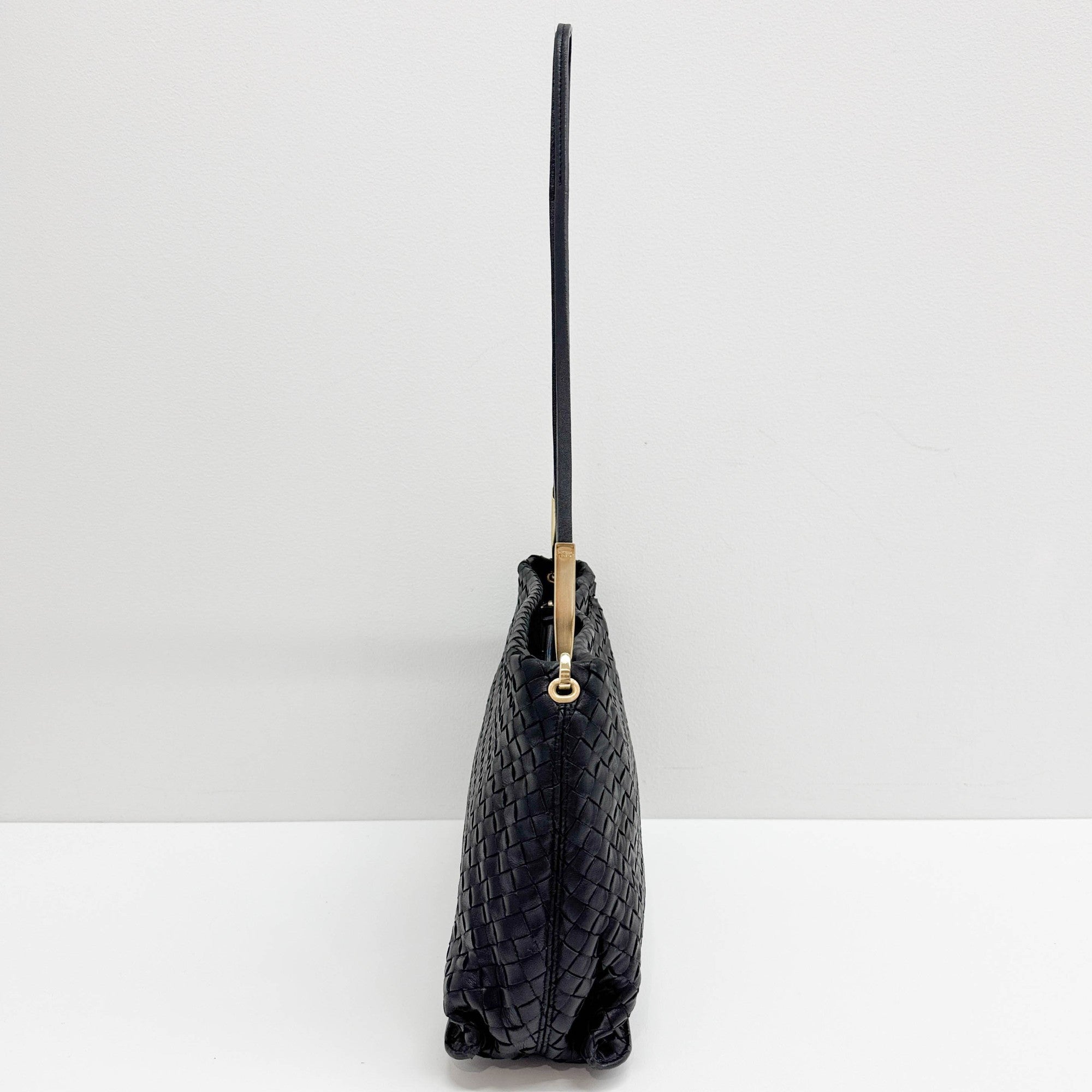 Intrecciato Black Leather Shoulder Bag