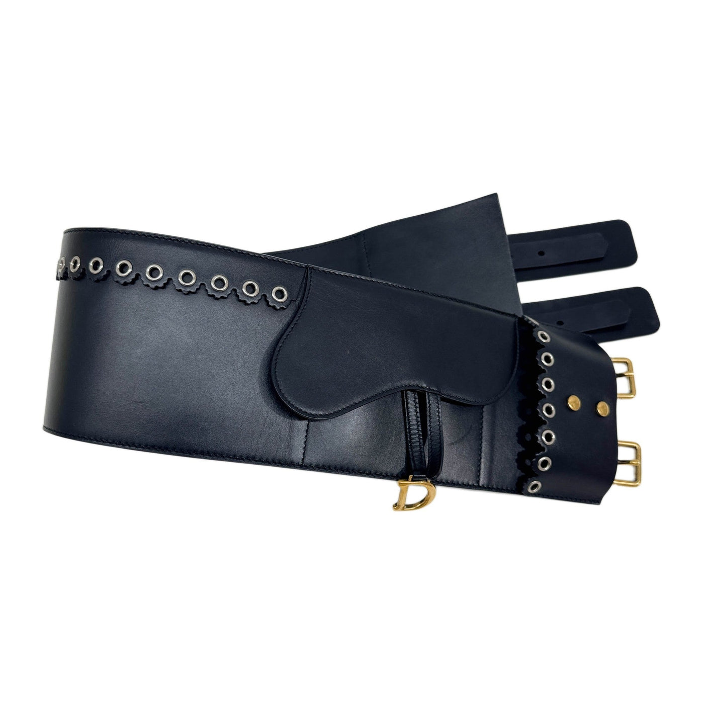 Size S/M Saddle Grommet Embellished Scalloped Frill Black Leather Belt Bag