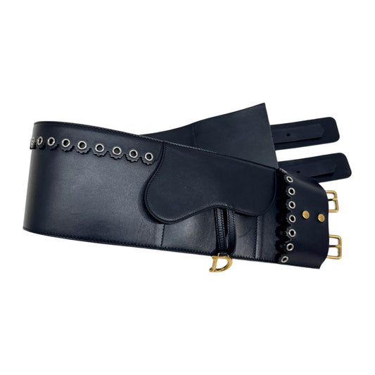 Size S/M Saddle Grommet Embellished Scalloped Frill Black Leather Belt Bag