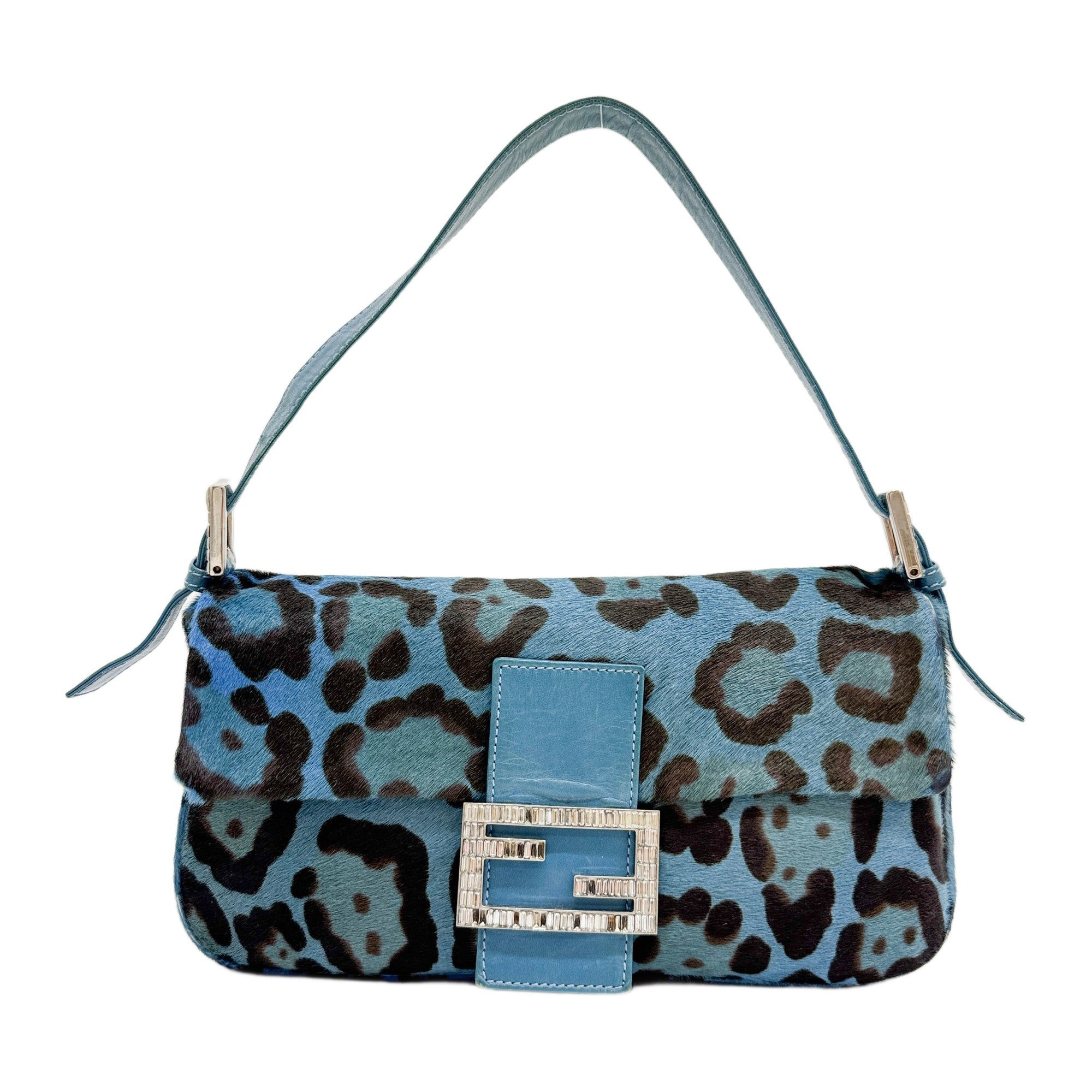 Baguette Blue Leopard Print Pony Hair Shoulder Bag