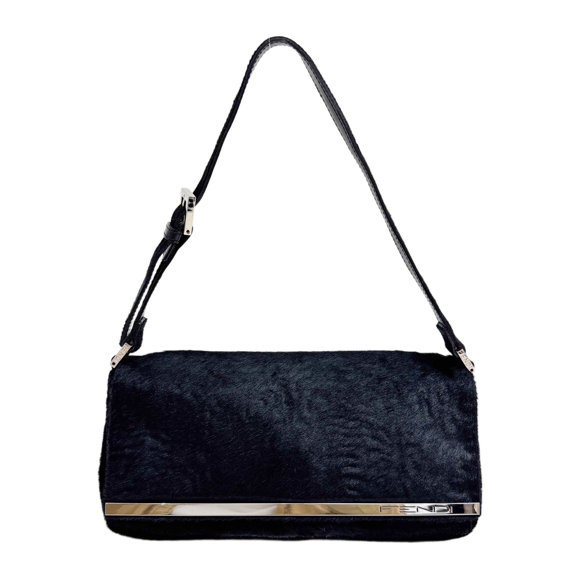 Black Pony Hair with Silver Detail Shoulder Bag
