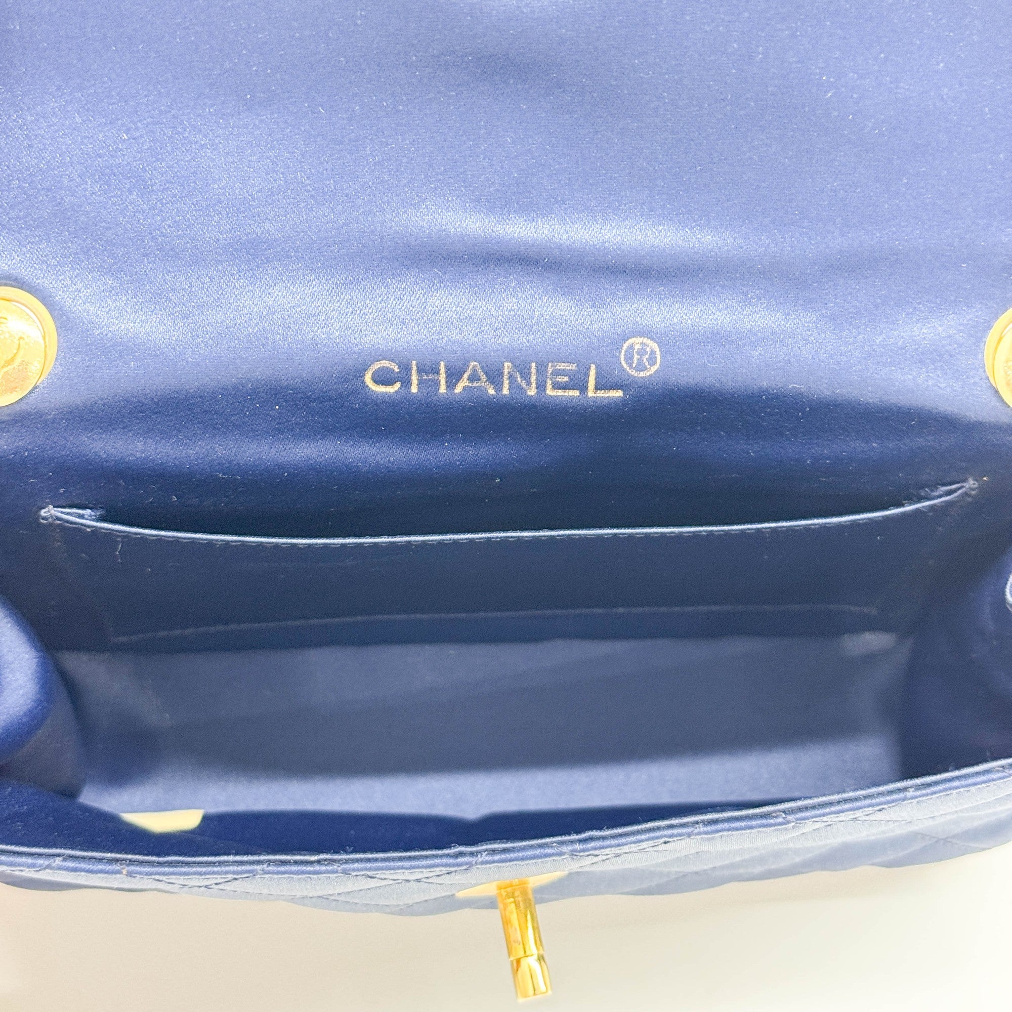 Mini Classic Flap 1986 Gold Hardware Blue Satin Shoulder Bag