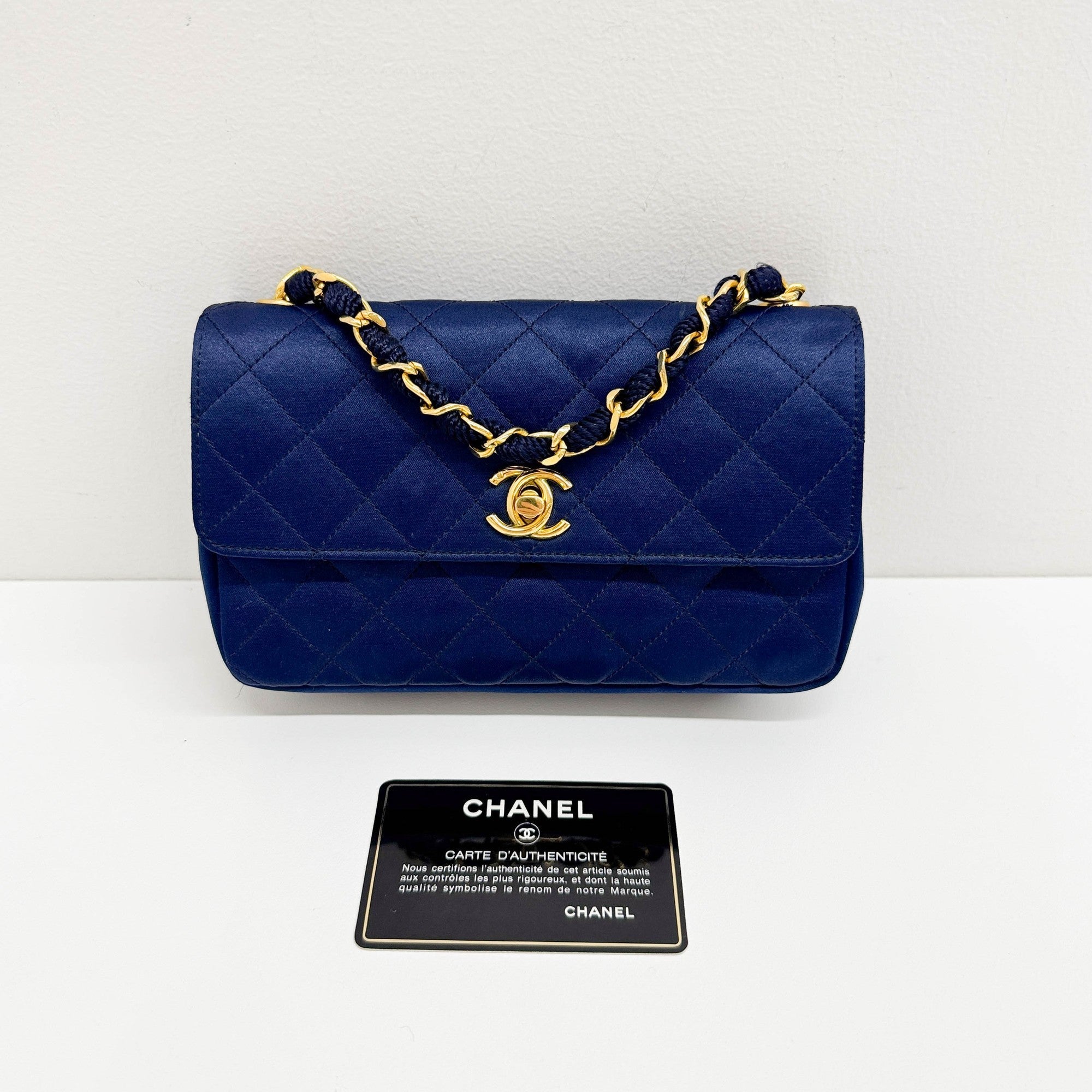 Mini Classic Flap 1986 Gold Hardware Blue Satin Shoulder Bag