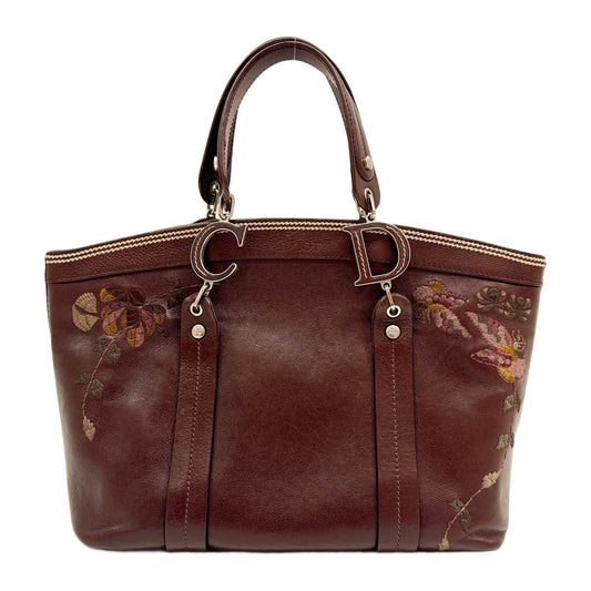 Butterfly Embroidered Brown Leather Shoulder Tote Bag