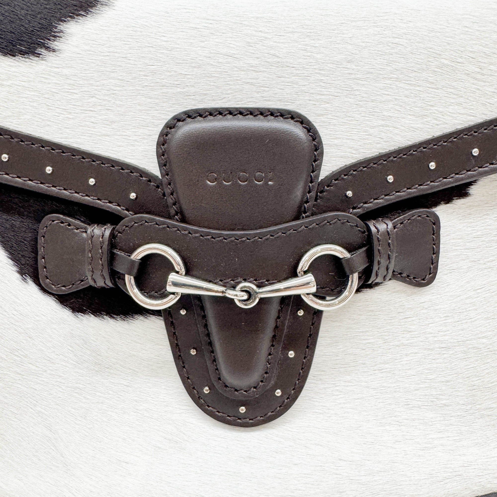 Lady Web Brown Trim Cow Print Pony Hair Shoulder Bag