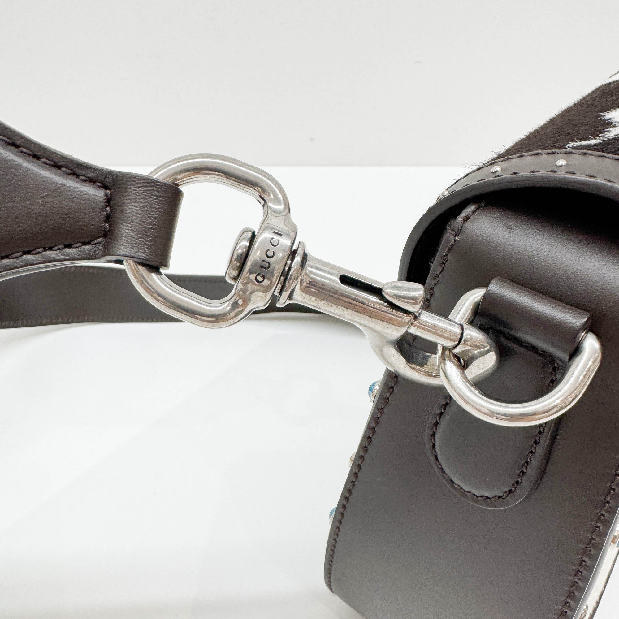 Lady Web Brown Trim Cow Print Pony Hair Shoulder Bag