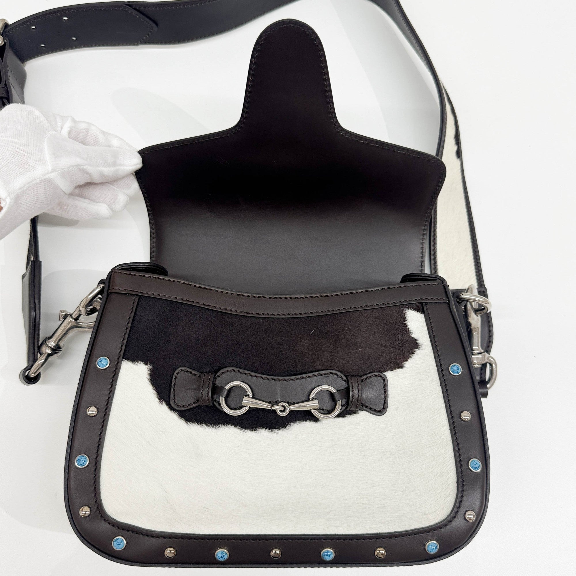 Lady Web Brown Trim Cow Print Pony Hair Shoulder Bag