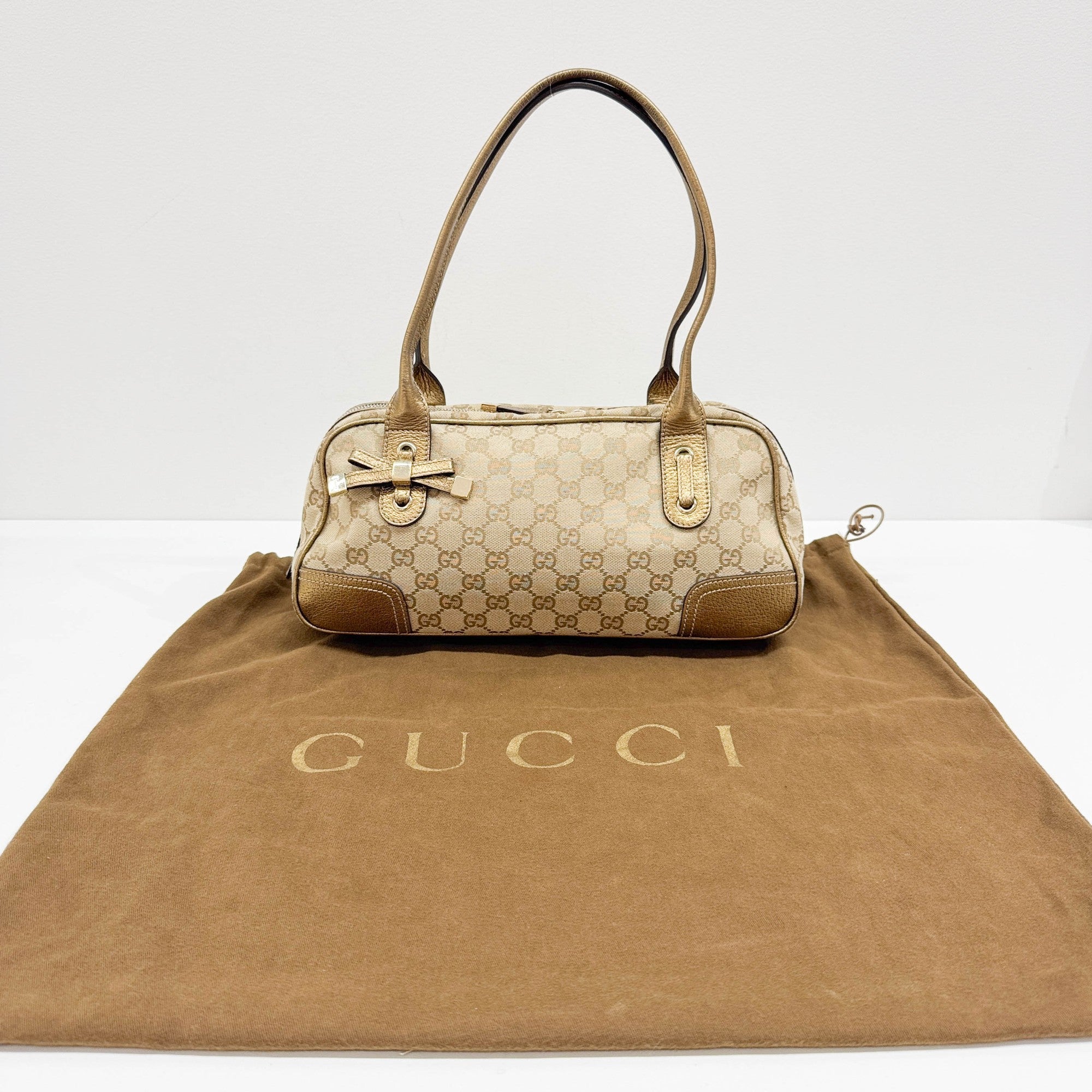 Princy Boston Gold Trim and Beige GG Canvas Shoulder Bag