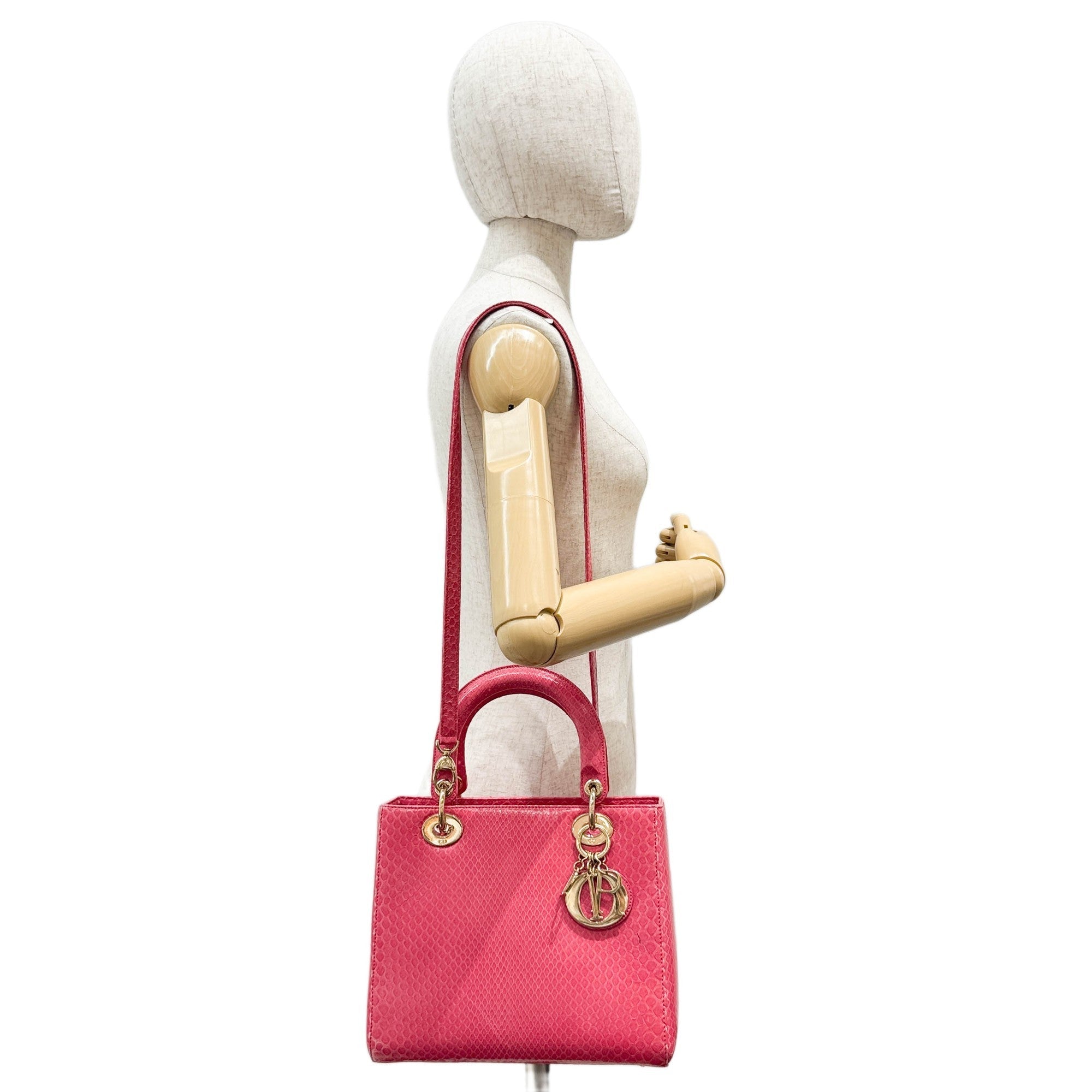 Lady Dior Pink Python Embossed Leather Two Way Bag