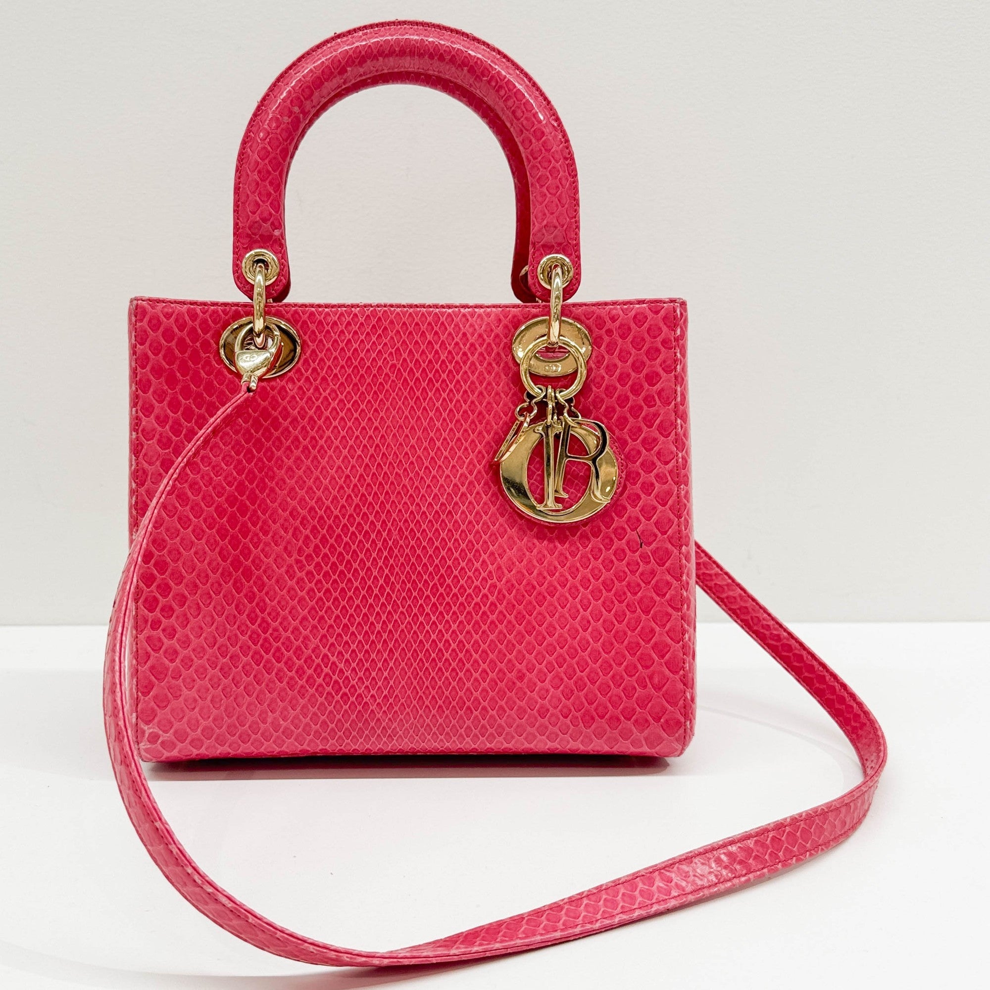 Lady Dior Pink Python Embossed Leather Two Way Bag