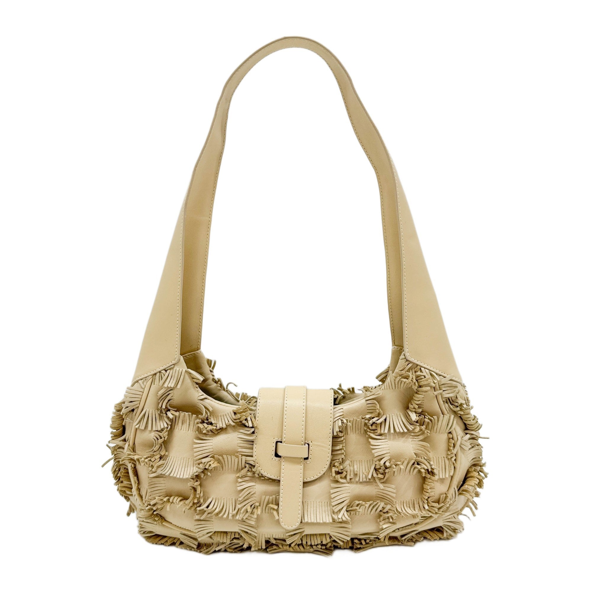 Fringed Beige Leather Shoulder Bag