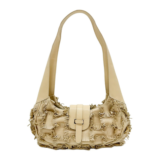 Fringed Beige Leather Shoulder Bag