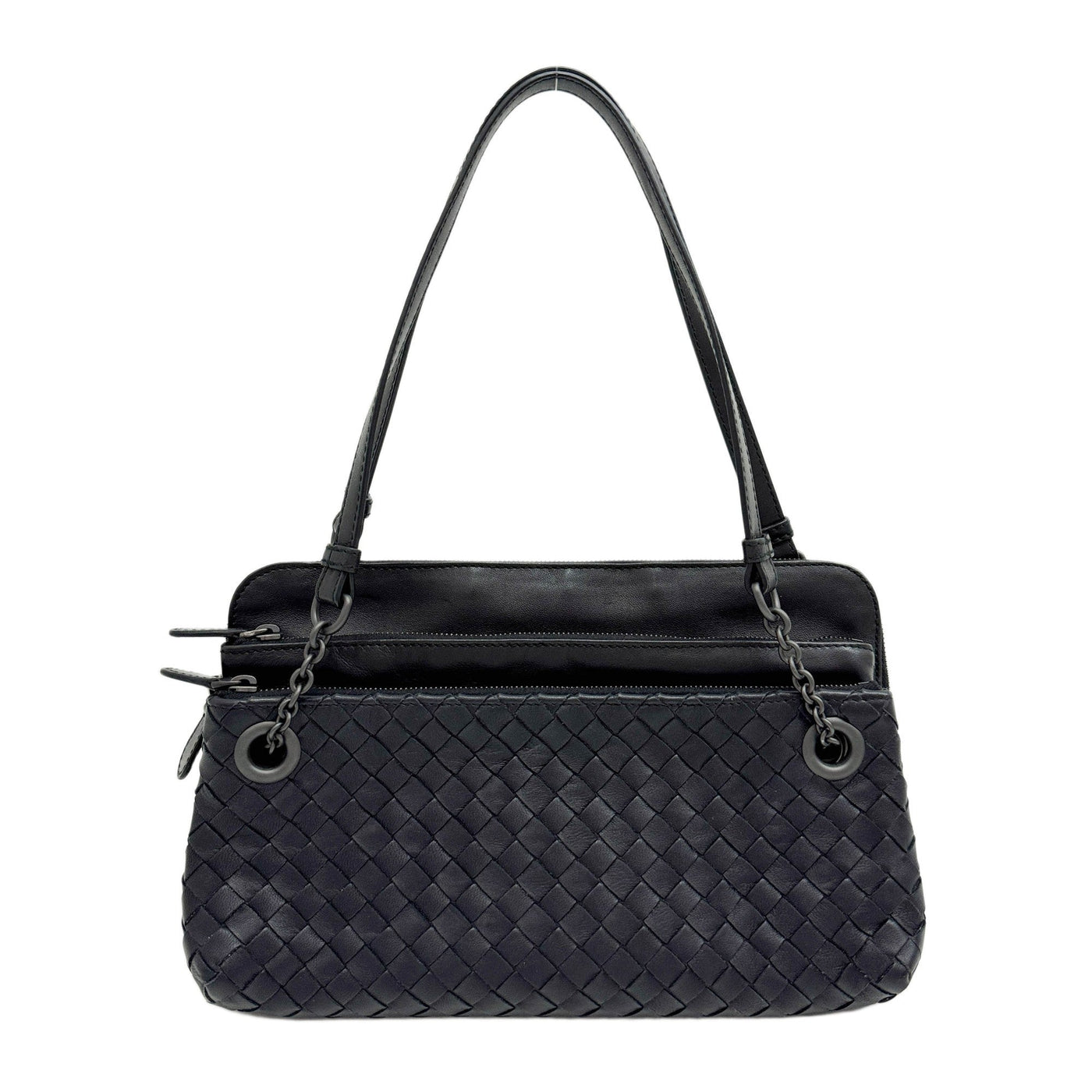 Three-Tiered Black Intrecciato Leather Shoulder Bag
