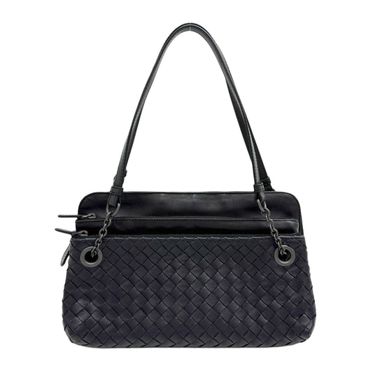 Three-Tiered Black Intrecciato Leather Shoulder Bag