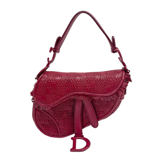 Mini Saddle Fringe Trim Red Woven Leather Shoulder Bag