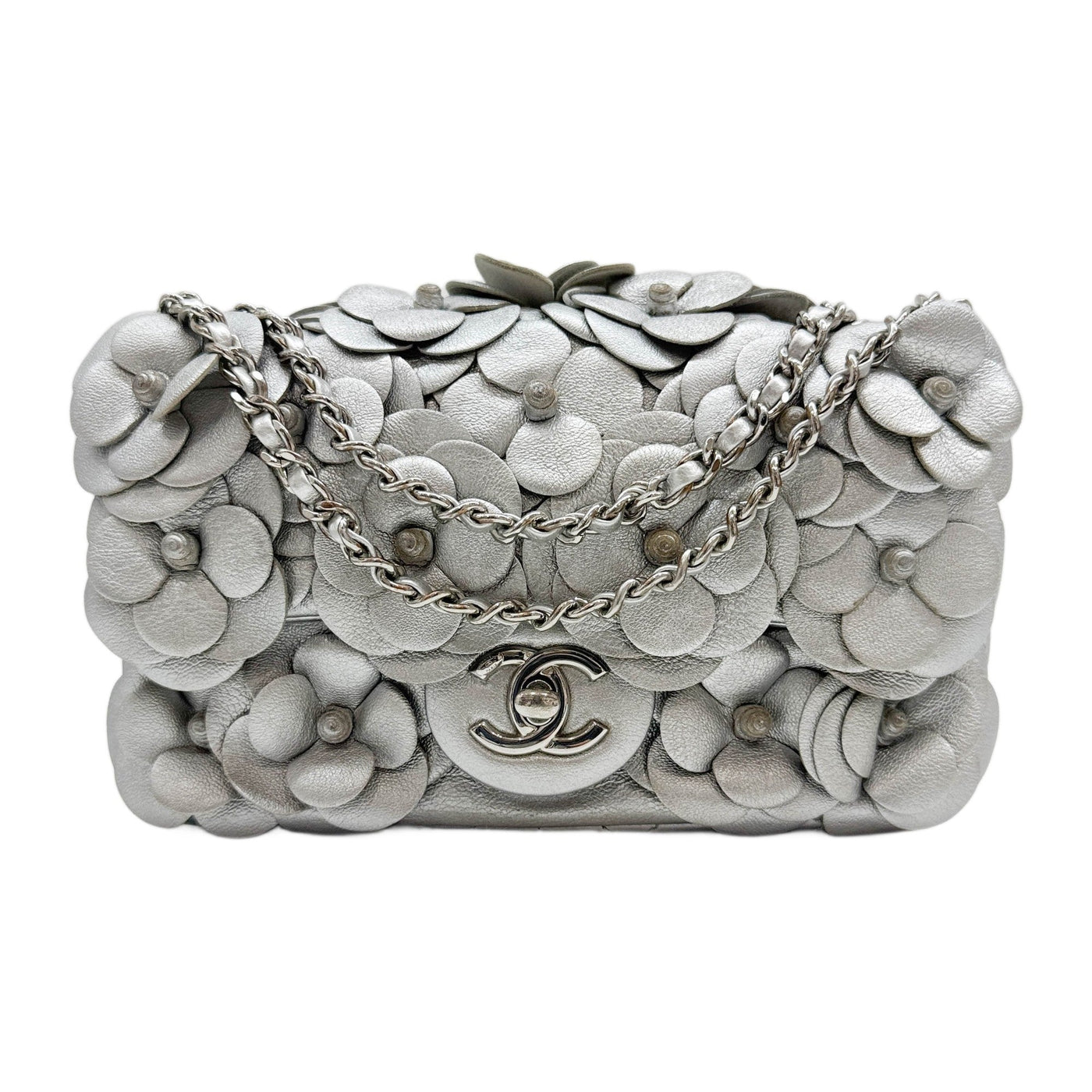 Mini Rectangular Camellia Flap 2016 Silver Leather Shoulder Bag