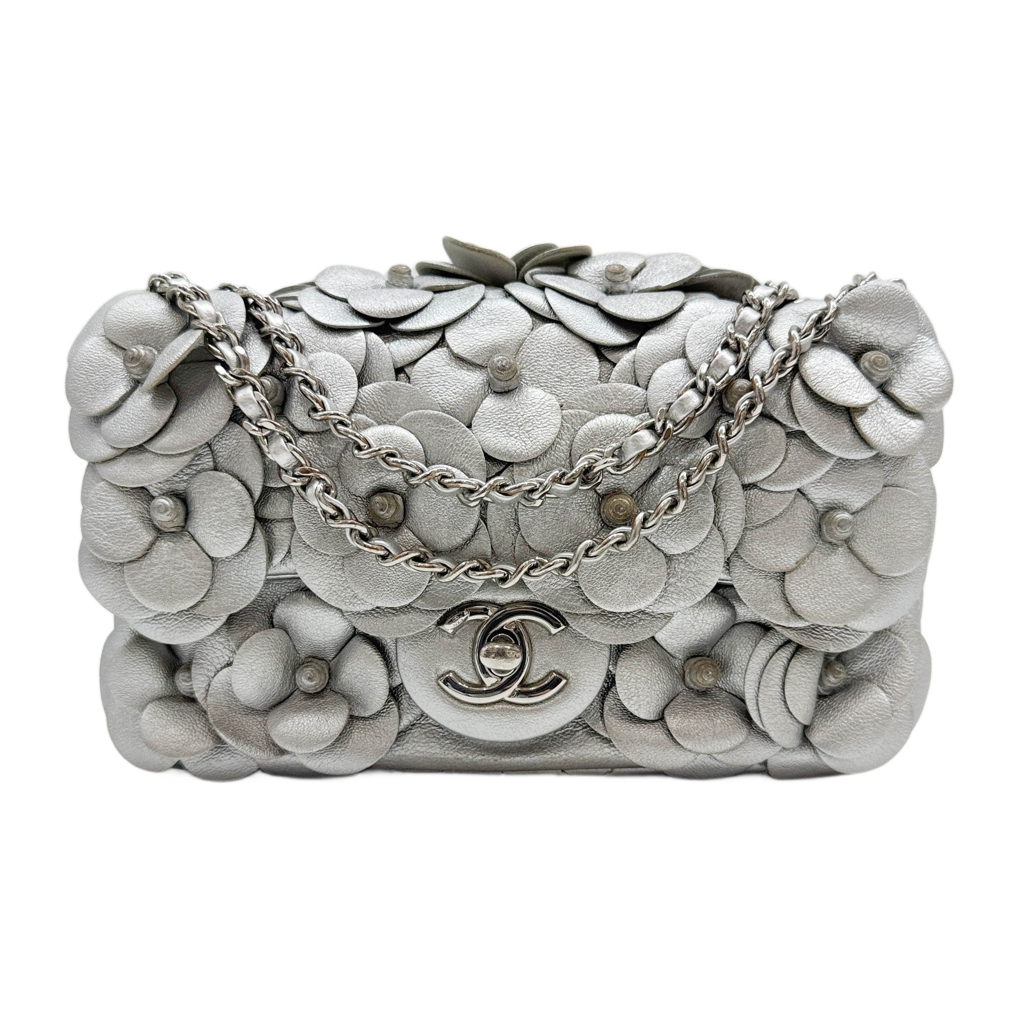 Mini Rectangular Camellia Flap 2016 Silver Leather Shoulder Bag