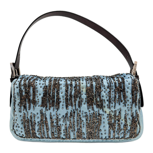 Baguette Silver Beaded Blue Satin Shoulder Bag