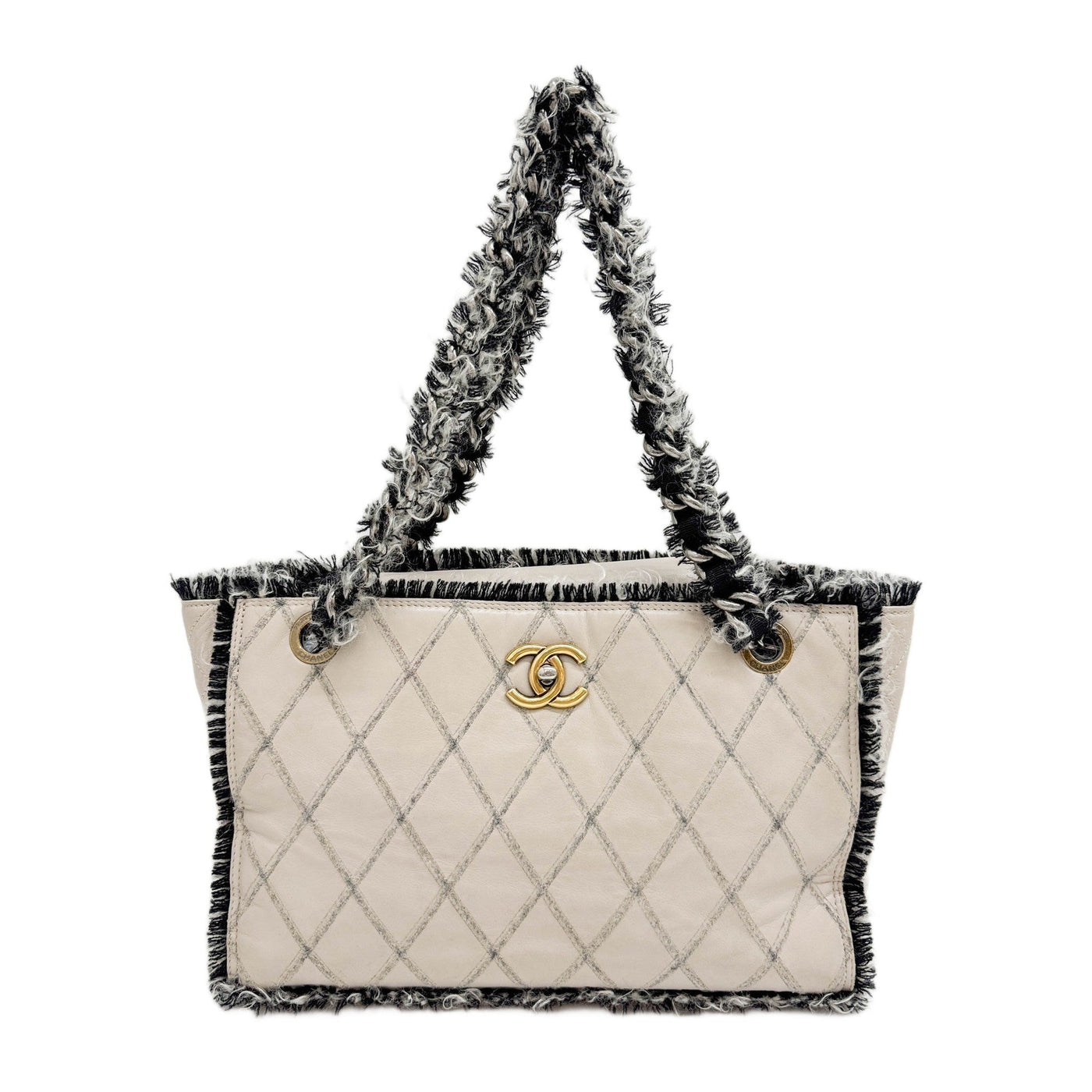 Shopping 2011 Tweed Fringe Matelasse Beige Leather Shoulder Tote Bag