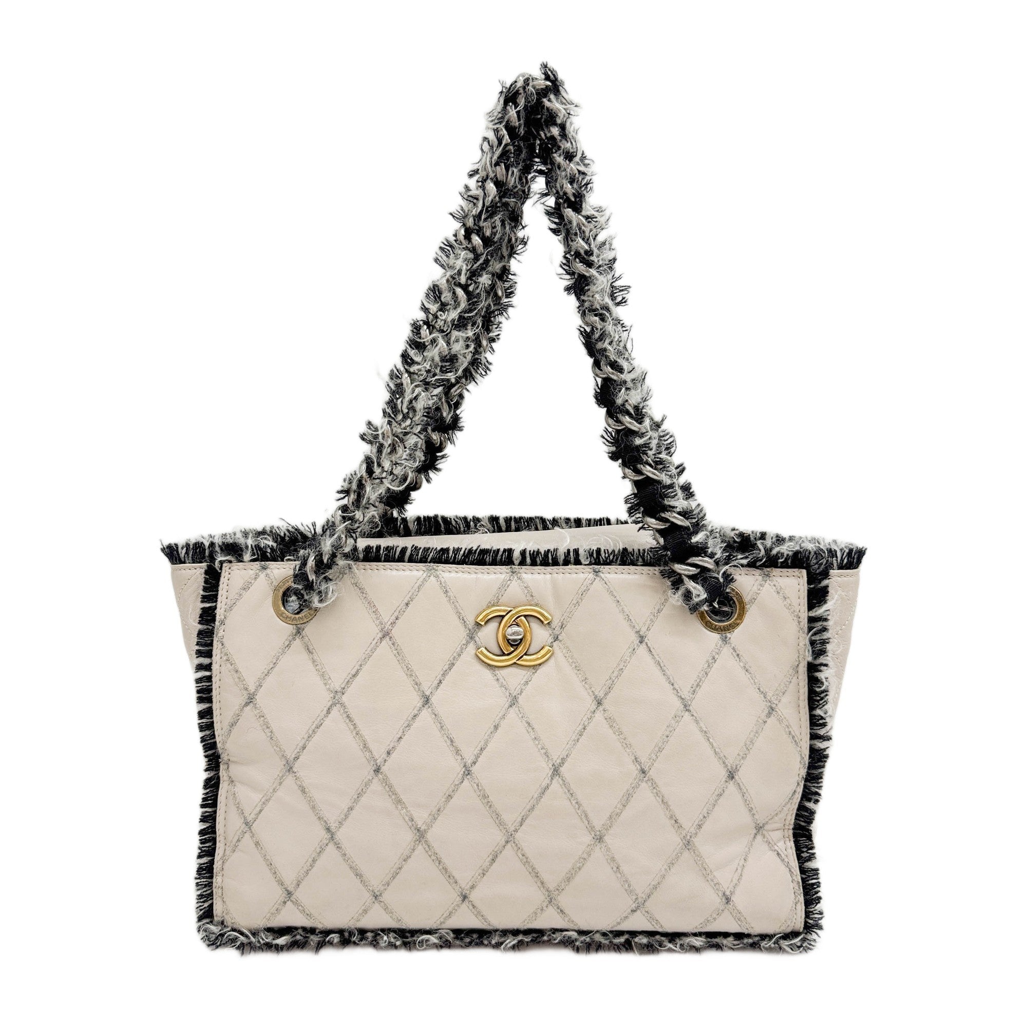 Shopping 2011 Tweed Fringe Matelasse Beige Leather Shoulder Tote Bag