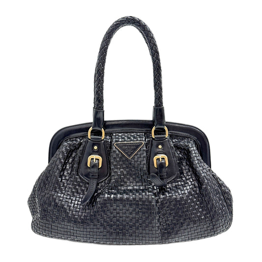 Intreccio Madras Frame Black Leather Shoulder Bag