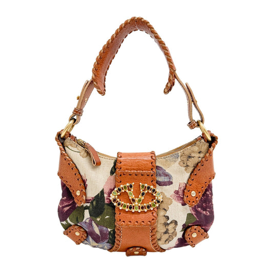 Flower Print Cotton Canvas with Orange Leather Shoulder Bag