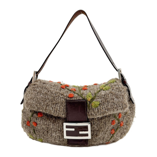 Baguette Charcoal Wool with Embroidery Shoulder Bag