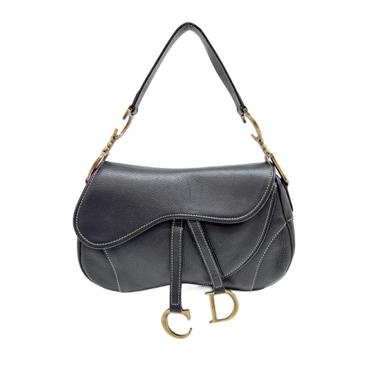 Double Saddle Black Leather Shoulder Bag