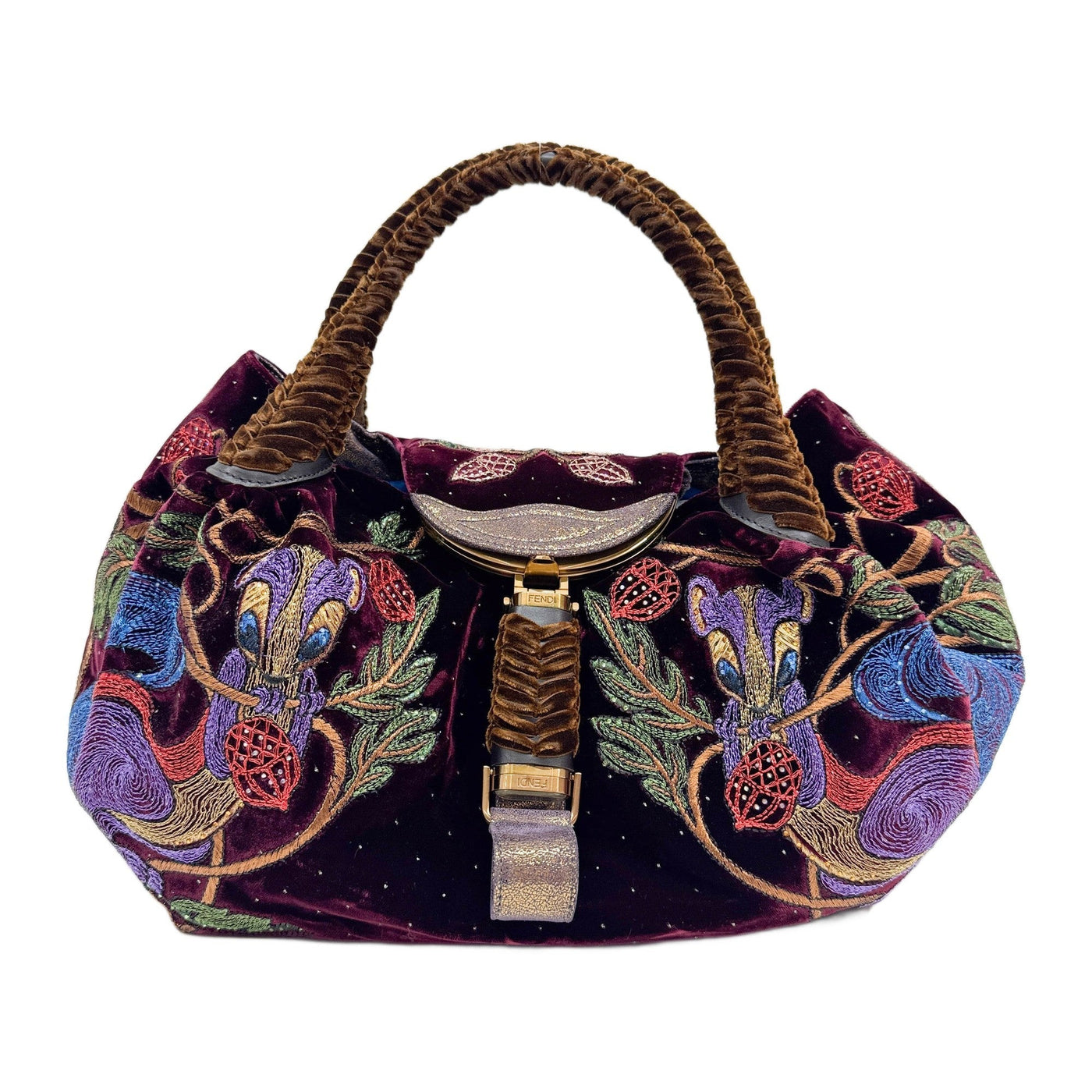 Spy Embroided Wine Red Velvet Handle Bag